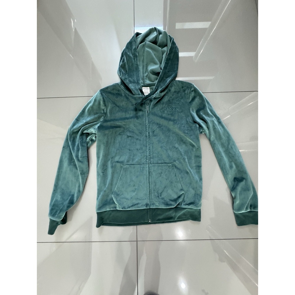Victoria's Secret Full Zip Hoodie Sweatshirt Green Velour  LOVE PINK Small